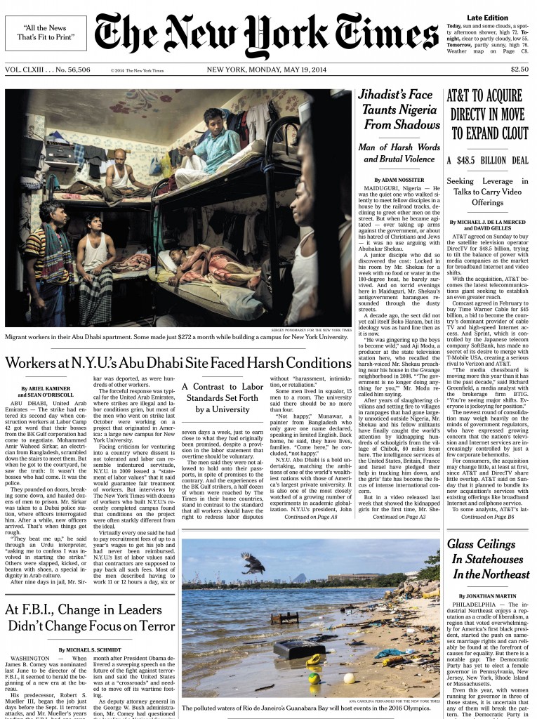 NYT front page May 19, 2014
